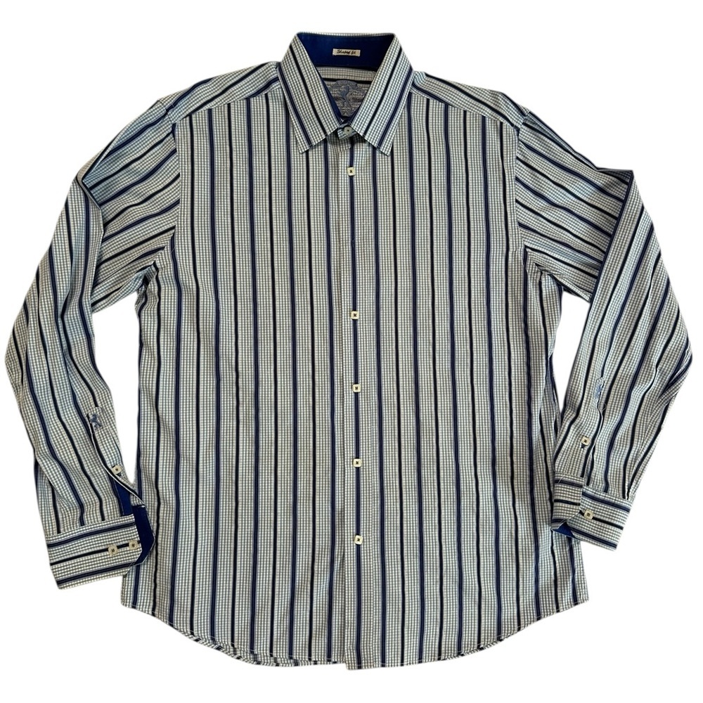 Bugatchi Shaped Fit Men's Blue White Striped Button Up Long Sleeve Shirt Size L